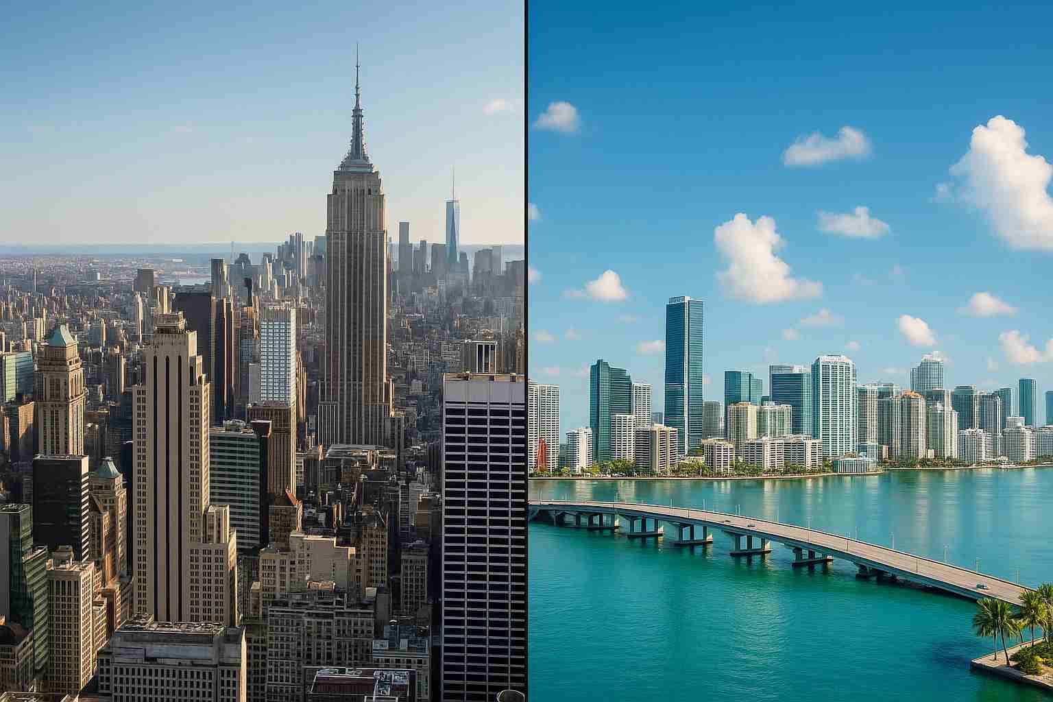 Skyscrapers of New York City contrasted with a sunny Miami skyline, representing the real estate exodus.