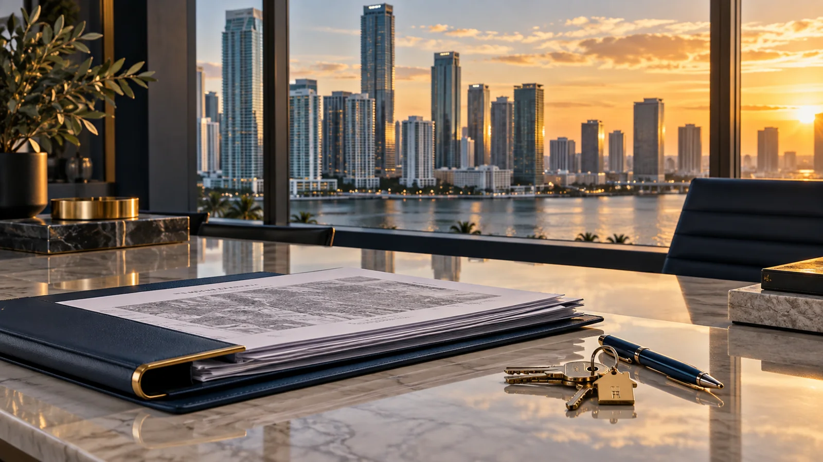 Miami-Dade title search documents and house keys overlooking the Miami skyline